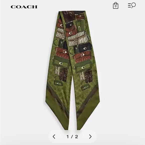 Coach Olive Green and Brown Scarf with Bag Print - Picture 1 of 6